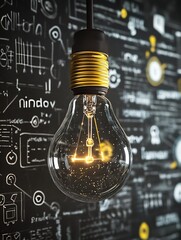 Aufkleber - Vintage light bulb glowing against a blackboard filled with technical sketches : Generative AI