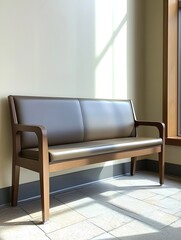 Poster - Modern and stylish wooden bench basking in the sunlight creating an inviting seating area indoors : Generative AI