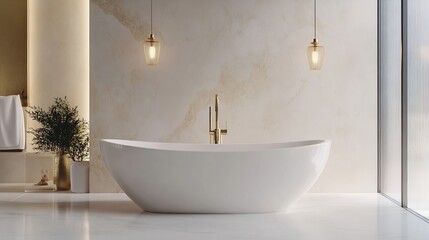 Wall Mural - Stylish modern bathroom with elegant freestanding bathtub and warm lighting : Generative AI