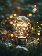 Aufkleber - Glowing Light Bulb with Magical Sparkles and Nature Elements in the Background : Generative AI