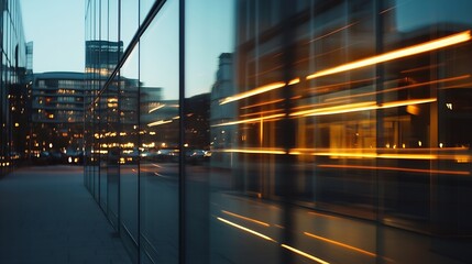 Poster - Dynamic City Lights Reflecting Off Glass Building in Urban Setting : Generative AI