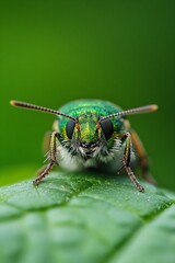 Wall Mural - close up of a vibrant green beetle resting on a leaf showcasing its beauty and detail : generative a