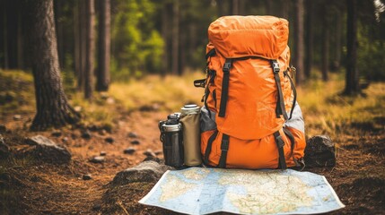 mountain expedition tour guides backpack with essentials and an open map.