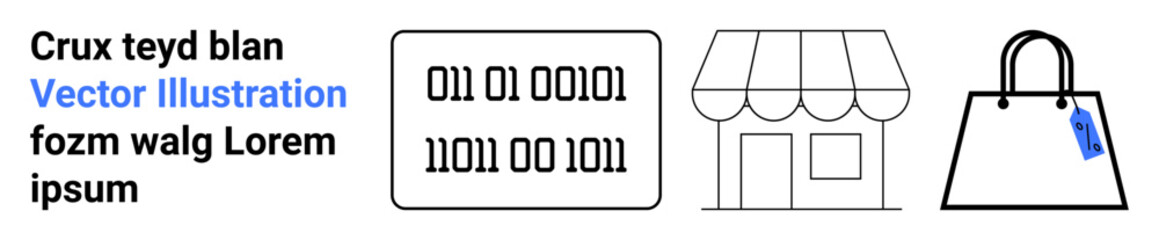 Text placeholder beside binary code, storefront, and bag with tag, representing e-commerce, digital business. Ideal for marketing, payment, technology, retail analytics sales flat landing page