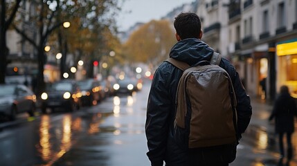 Wall Mural - Man Walking in the Rain on a City Street with a Backpack Looking at the City Lights : Generative AI