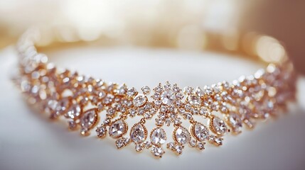 Poster - Elegant Gold and Crystal Necklace Sparkling in Soft Natural Light : Generative AI