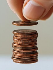 Aufkleber - Close Up of a Hand Holding a Stacked Pile of Copper Coins in a Minimalistic Setting : Generative AI