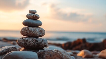 Aufkleber - Zen Balance with Stacked Stones on the Beach during a Calm Sunset Atmosphere : Generative AI