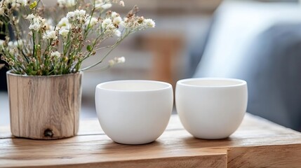 Poster - Minimalist decor with white ceramic cups and rustic floral arrangement on wooden table : Generative AI