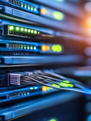 Fototapete - Close Up of Network Servers with Sparkling Lights and Cables in Data Center : Generative AI