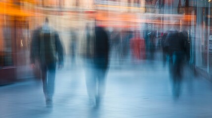 Fototapete - Blurry Urban Scene Featuring Silhouetted People Walking in a Busy City Environment : Generative AI