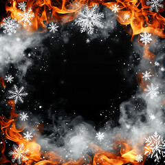 Wall Mural - Fiery Orange Flames and White Snowflakes Frame on Black Background