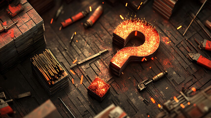 Wall Mural - Fiery Question Mark Among Tools on Dark Workshop Surface