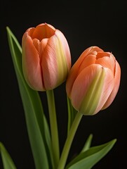 Poster - Two Soft Pink Tulips with Green Leaves Set Against a Dark Background Creating a Romantic Feel : Generative AI
