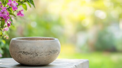 Aufkleber - Serene Stone Bowl Surrounded by Natural Elements and Floral Background in a Garden Setting : Generative AI