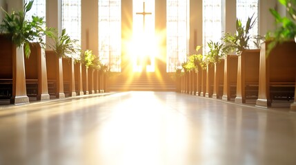 Poster - Sunlight pouring into serene church space with cross creating moment of peace and reflection : Generative AI