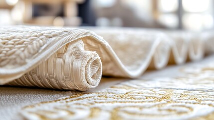 Poster - Elegant and Textured Close-up View of a Rolled White Area Rug : Generative AI