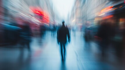 Fototapete - Blurred Silhouette of a Person Walking Through a Busy City Street Under Ambient Lights : Generative AI