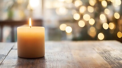 Leinwandbilder - Single White Candle On Wooden Table With Blurred Lights And Warm Colors In Background : Generative AI