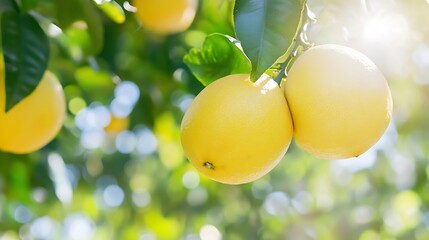 Aufkleber - Bright Yellow Citrus Fruits on Tree Branch in Sunlight with Green Foliage Background : Generative AI