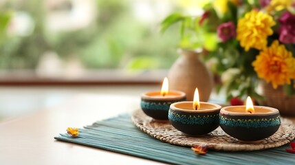 Aufkleber - Tranquil Scene of Three Traditional Candles Burning on a Table with Colorful Flowers in the Background : Generative AI