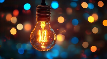 Aufkleber - Vintage Light Bulb with Warm Glow Against Colorful Bokeh Background : Generative AI