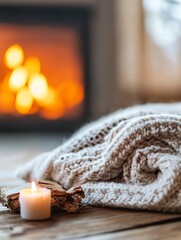 Poster - Cozy Knit Blanket and Candle Scene by the Fireplace for Warm Winter Vibes : Generative AI