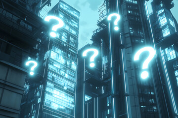 Wall Mural - Futuristic Cityscape With Glowing Question Marks at Night