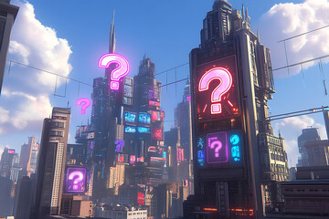 Wall Mural - Futuristic Cityscape With Neon Question Marks