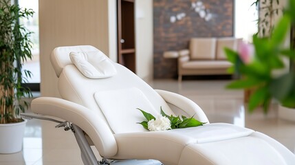 Poster - Relaxing Clean Spa Treatment Room Featuring a Reclining Chair Decorated with Green Leaves : Generative AI