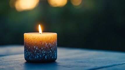 Poster - Warm Glowing Candle on Table Surrounded by Blurred Nature Background at Sunset : Generative AI