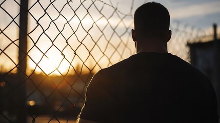 Aufkleber - Contemplative figure gazing at the sunset through a chain link fence evoking thoughts of freedom and solitude : Generative AI