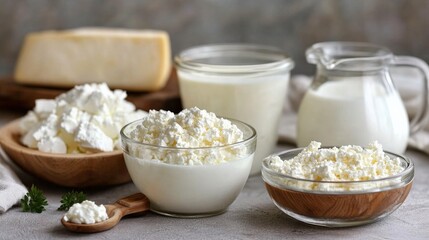 Wall Mural - Various dairy products displayed on a rustic table, showcasing fresh cheese, yogurt, and milk