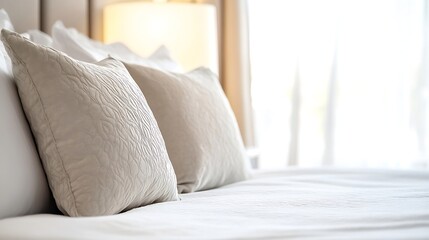 Fototapete - stylish and elegant white pillows on a cozy bed with warm sunlight filtering through curtains : Generative AI