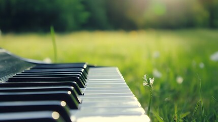Poster - Piano keys on a sunny day with green grass and delicate white flowers in the background : Generative AI