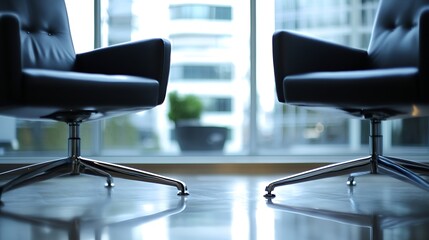 Canvas Print - Modern stylish office interior showing two black chairs in a bright work environment : Generative AI