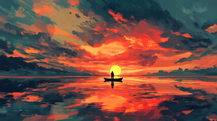 Wall Mural - Fiery sunset reflected on calm water. Serene Apocalypse. Illustration