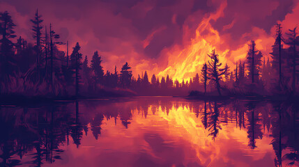 Wall Mural - Fiery sunset reflected on calm water. Serene Apocalypse. Illustration