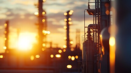 Poster - Beautiful sunset over an industrial landscape showcasing silhouettes of gas and oil pipelines : Generative AI