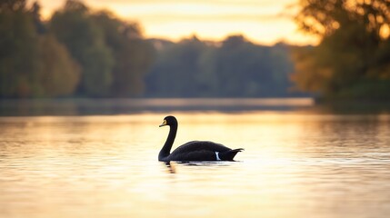 Wall Mural - Graceful black swan gliding on calm water at sunrise in tranquil natural setting : Generative AI