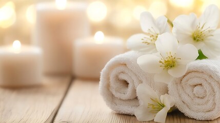 Poster - Spa essentials with rolled towels and floating candles surrounded by delicate flowers for relaxation : Generative AI