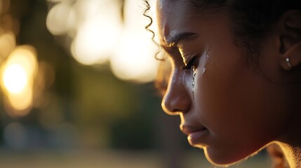 Poster - Emotional close-up portrait of a young woman with tears in her eyes at sunset : Generative AI