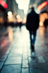 Aufkleber - Blurred Silhouette of a Man Walking in City Streets During Rainy Day Evening : Generative AI