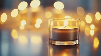 Fototapete - Glowing Candle in Cozy Atmosphere Creating Soft Ambience and Warm Light for Relaxation : Generative AI