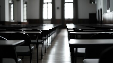 Leinwandbilder - Empty Classroom with Desks in a Row Creating a Somber Academic Atmosphere Inside a School Building : Generative AI