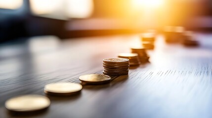 Poster - Shiny Coins Arranged in a Line on a Wooden Surface with Soft Light Creating a Warm Mood : Generative AI
