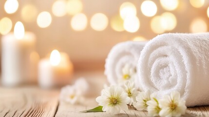 Canvas Print - Relaxing Spa Scene with Rolled Towels Delicately Placed Among Soft Lighting and Flowers : Generative AI