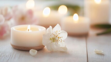 Wall Mural - Beautiful White Candle with Flower on a Wooden Table Surrounded by Softly Lit Candles : Generative AI