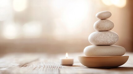 Aufkleber - Serene and Calm Stone Stacking with a Candle Against a Soft Light Background : Generative AI