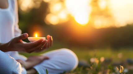 Poster - Meditating with Candle in Hand During Sunset for Peaceful Serenity : Generative AI